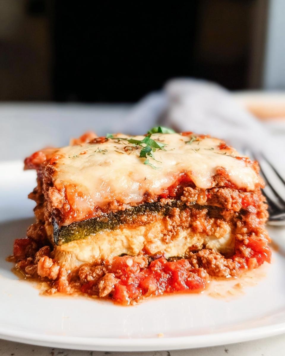 Close-up of a layered slice of Low Carb Zucchini Noodle Lasagna with meat sauce and melted cheese.