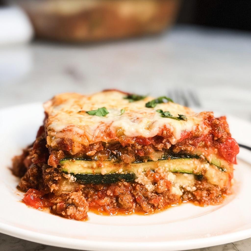 A generous slice of Low Carb Zucchini Noodle Lasagna layered with meat sauce and melted cheese.
