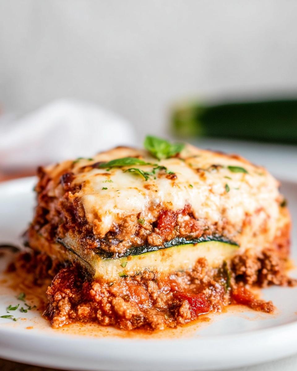 A close-up of a hearty slice of Low Carb Zucchini Noodle Lasagna with melted cheese and meat sauce.
