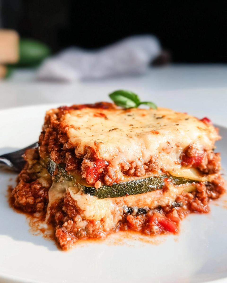 A close-up of a serving of Low Carb Zucchini Noodle Lasagna with melted cheese and meat sauce.