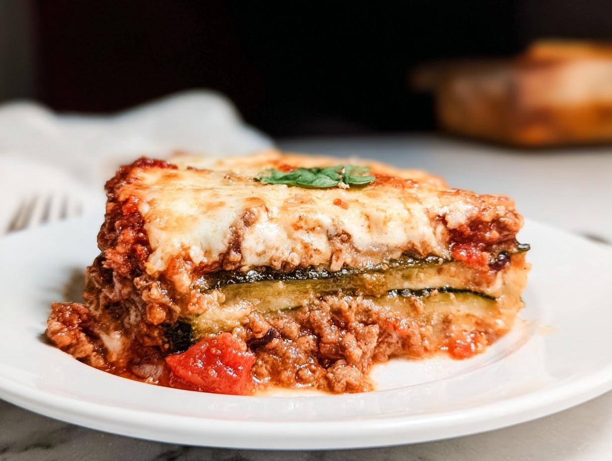 A close-up of a hearty slice of Low Carb Zucchini Noodle Lasagna with melted cheese and meat sauce.