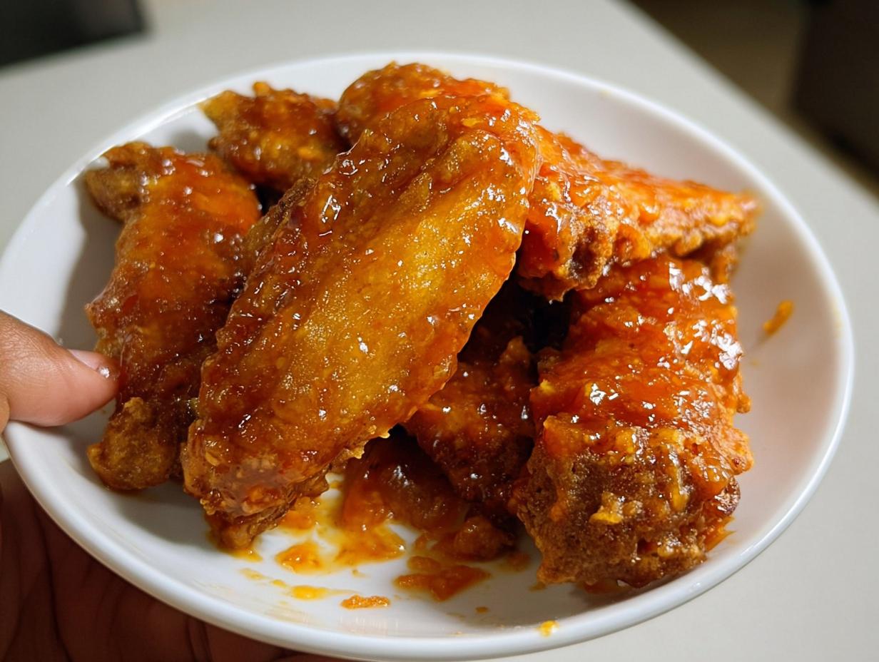 A white bowl filled with crispy, glossy Mango Habanero Hot Wings coated in a vibrant orange sauce.