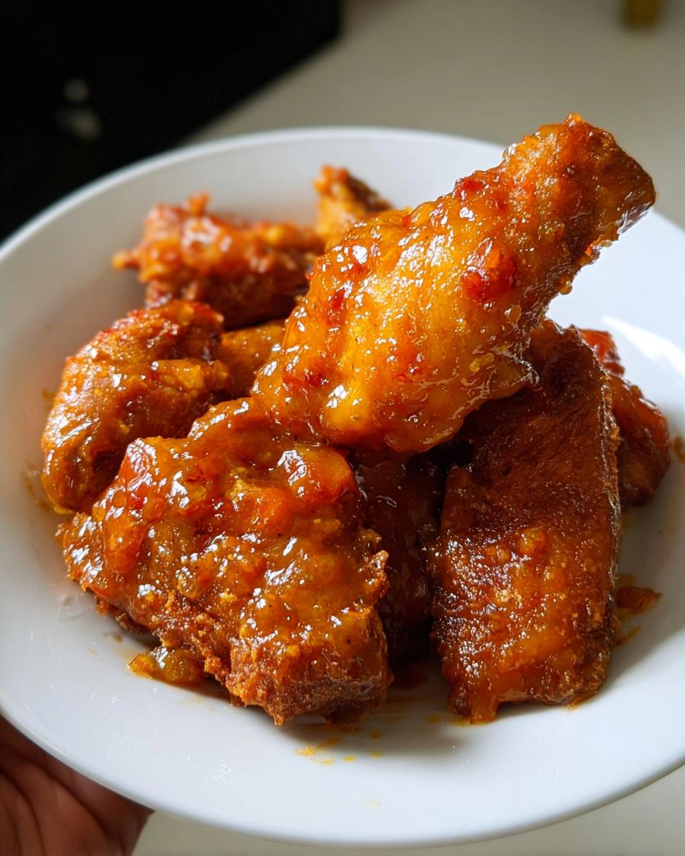 Close-up of crispy chicken wings heavily coated in a shiny, orange Mango Habanero Hot Wings glaze.