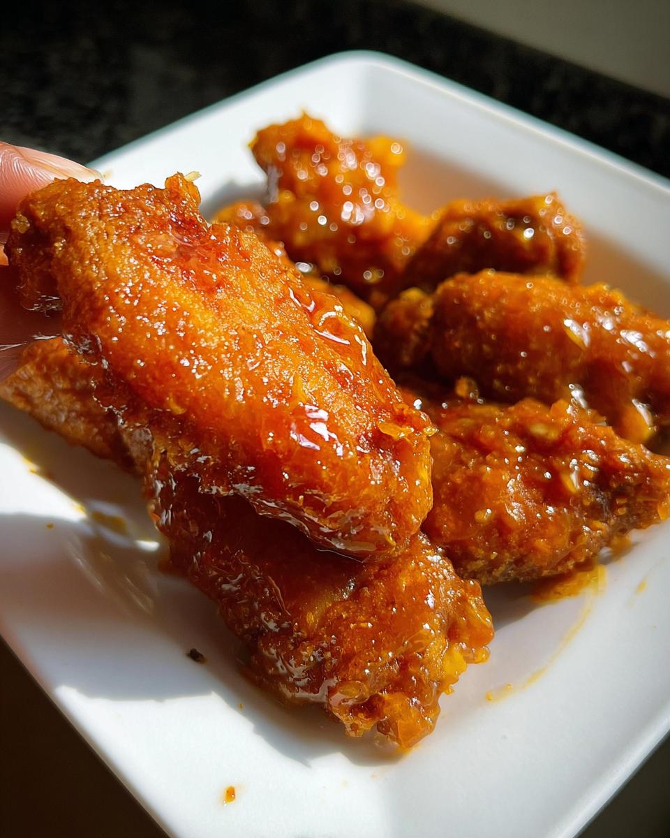 A hand holding two sticky, glazed Mango Habanero Hot Wings over a white plate of more wings.