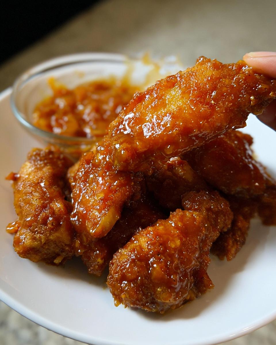 A close-up of sticky, glazed Mango Habanero Hot Wings on a white plate, with one wing being held up.