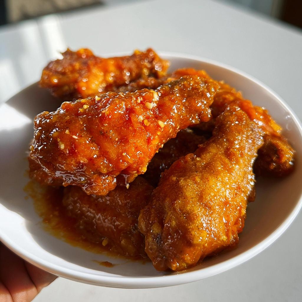 Close-up of several sticky, glazed Mango Habanero Hot Wings piled in a white bowl.