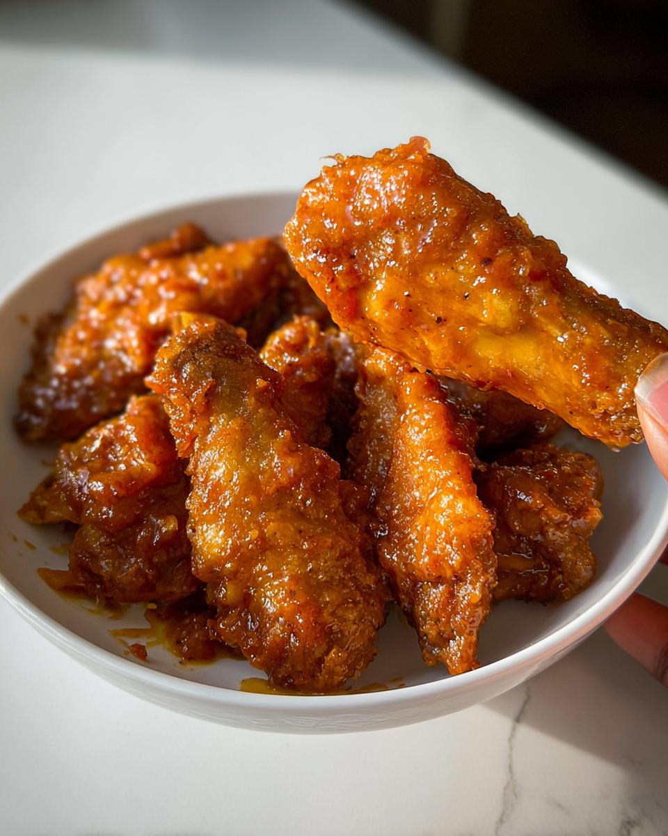 A hand holds up one sticky, glazed Mango Habanero Hot Wings over a bowl of more wings.