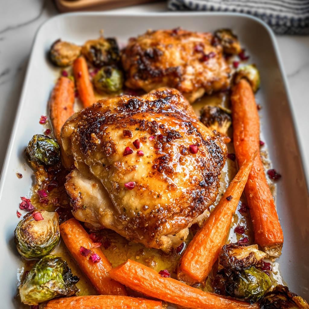 Two glazed Maple Dijon Roasted Chicken Thighs served with roasted carrots and Brussels sprouts on a white platter.