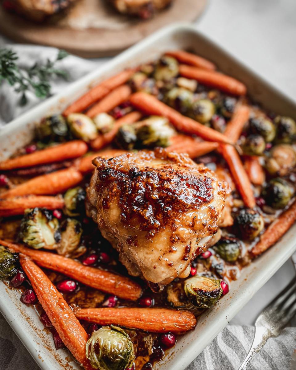 Close-up of Maple Dijon Roasted Chicken Thighs baked with carrots and Brussels sprouts in a white dish.