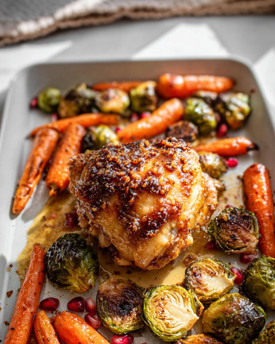 A single, glazed Maple Dijon Roasted Chicken Thighs served on a baking sheet with roasted carrots and Brussels sprouts.