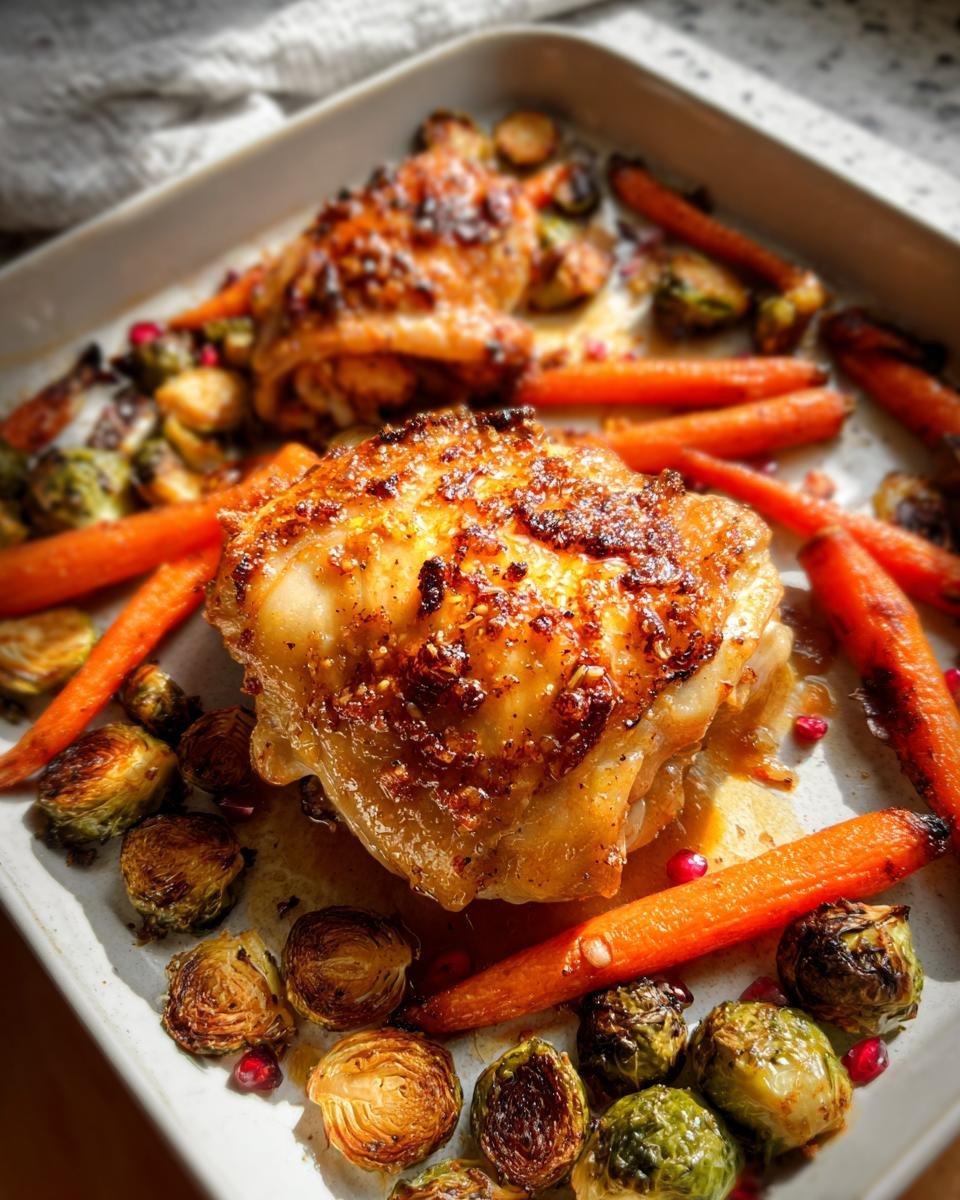Close-up of crispy Maple Dijon Roasted Chicken Thighs surrounded by roasted carrots and Brussels sprouts.