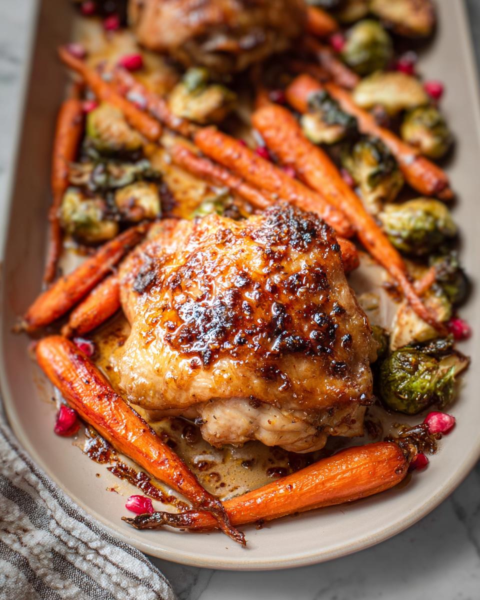 Close-up of a glazed Maple Dijon Roasted Chicken Thighs served with roasted carrots and Brussels sprouts.