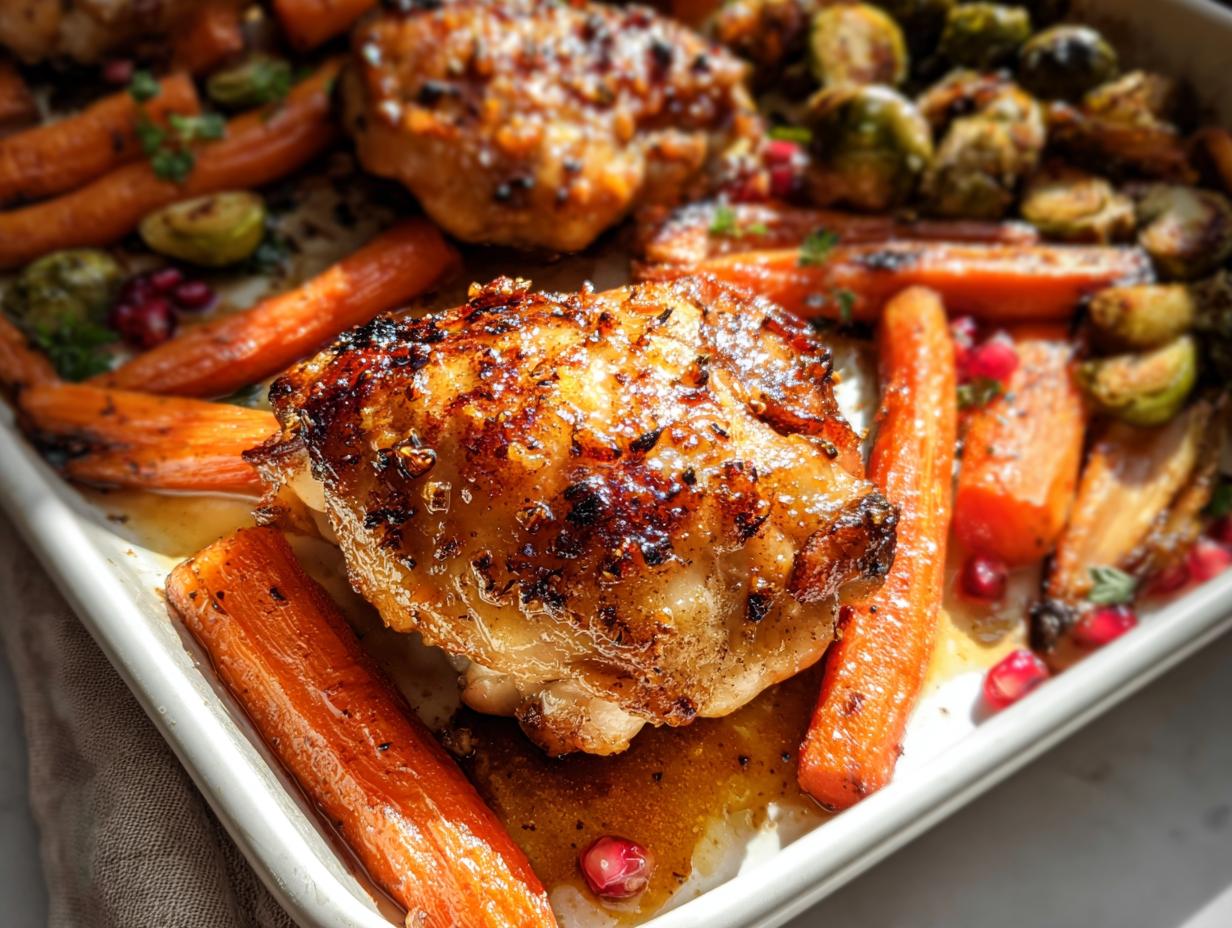 Close-up of caramelized Maple Dijon Roasted Chicken Thighs served on a sheet pan with roasted carrots and Brussels sprouts.