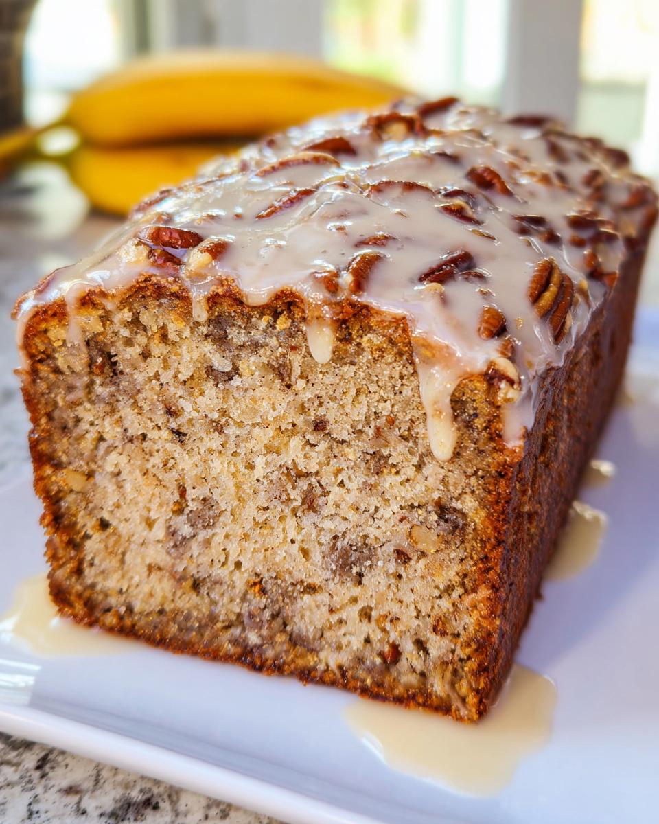 A close-up of a freshly baked Maple Pecan Banana Bread loaf drizzled with a thick, white maple glaze and topped with pecans.