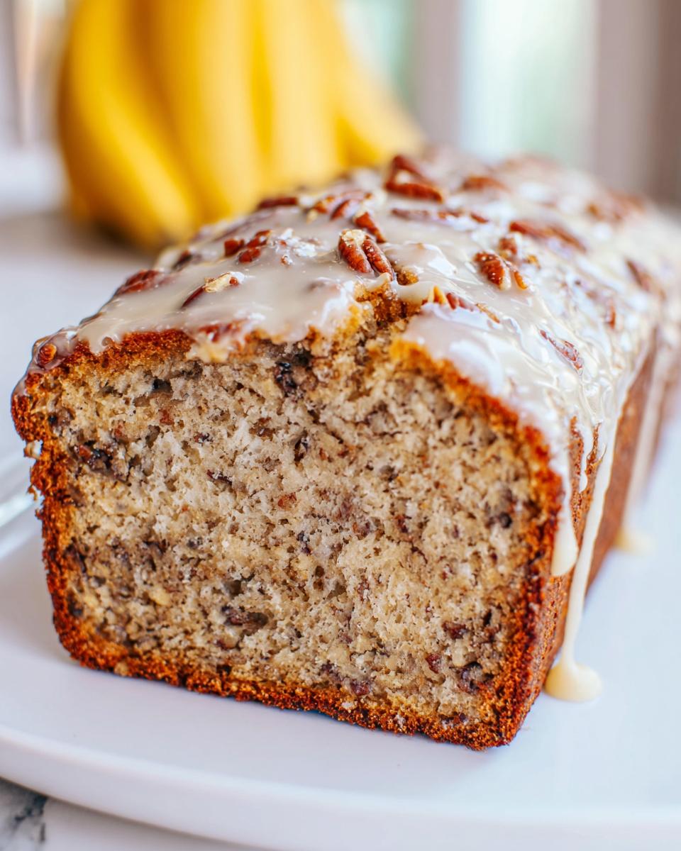 A close-up of a loaf of Maple Pecan Banana Bread, sliced to show the moist interior and topped with a thick maple glaze and pecans.