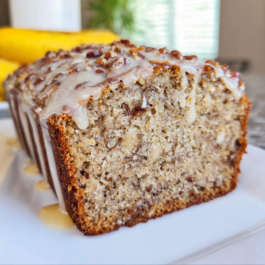 Close-up of a slice of Maple Pecan Banana Bread topped with a thick maple glaze and chopped pecans.