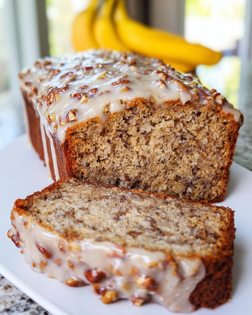 A slice of moist Maple Pecan Banana Bread topped with a thick maple glaze and pecans, with the loaf behind it.