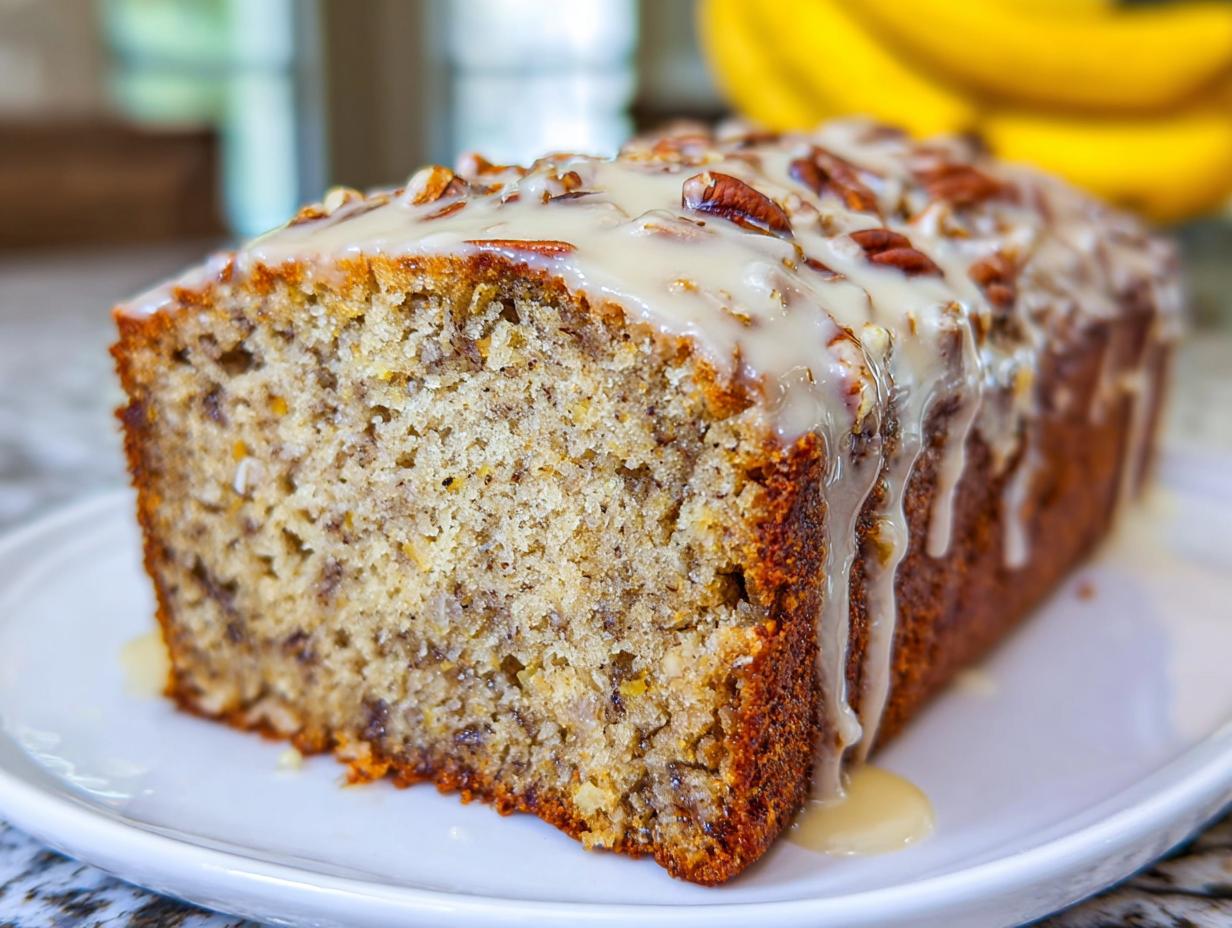 A close-up of a slice of Maple Pecan Banana Bread topped with a thick maple glaze and pecans.