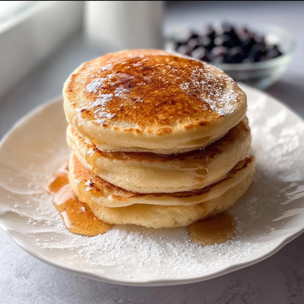 A stack of three thick, fluffy McDonald's Pancake Recipe copycat pancakes drizzled with syrup and dusted with powdered sugar.