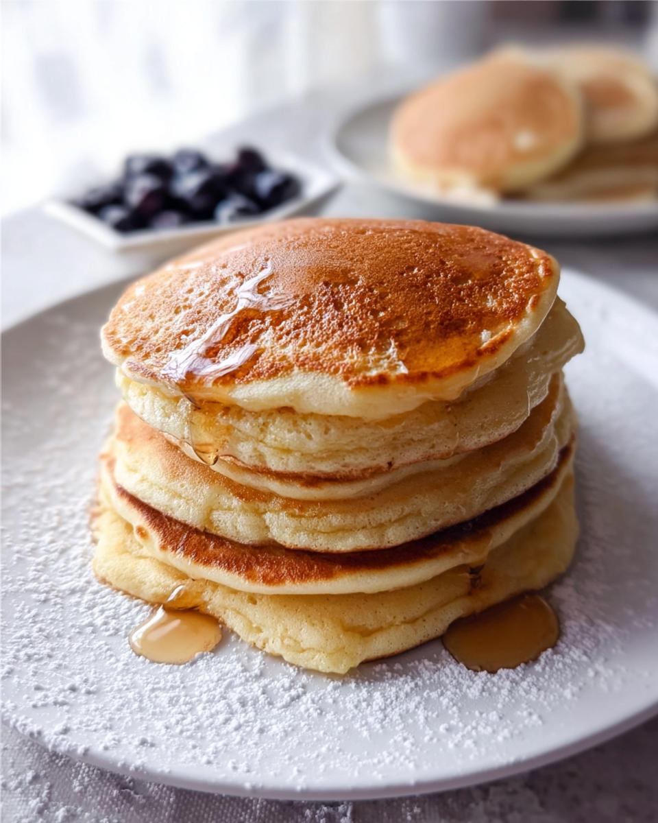 A tall stack of four fluffy pancakes drizzled with syrup, dusted with powdered sugar, part of our McDonald's Pancake Recipe.