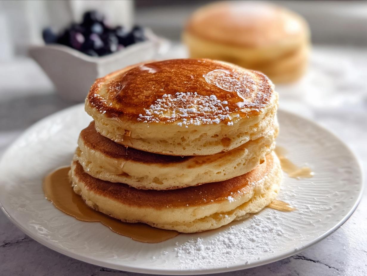 A stack of three thick, fluffy McDonald's Pancake Recipe copycat pancakes drizzled with syrup and powdered sugar.