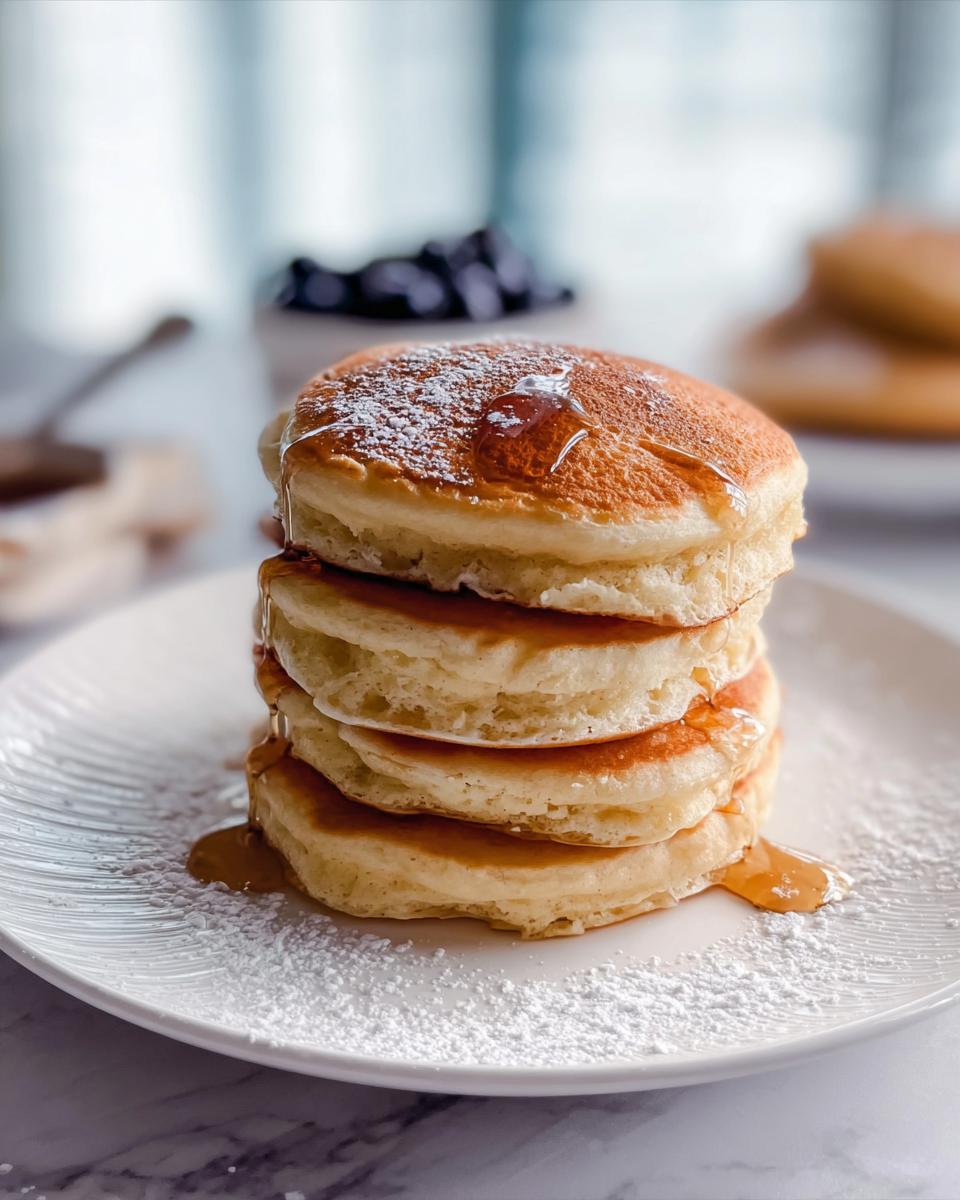 A tall stack of four fluffy pancakes drizzled with syrup and dusted with powdered sugar, perfect for a McDonald's Pancake Recipe.