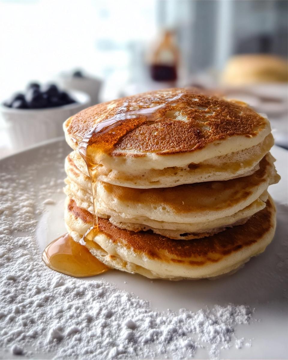 A tall stack of fluffy copycat McDonald's pancakes drizzled with golden syrup and dusted with powdered sugar.