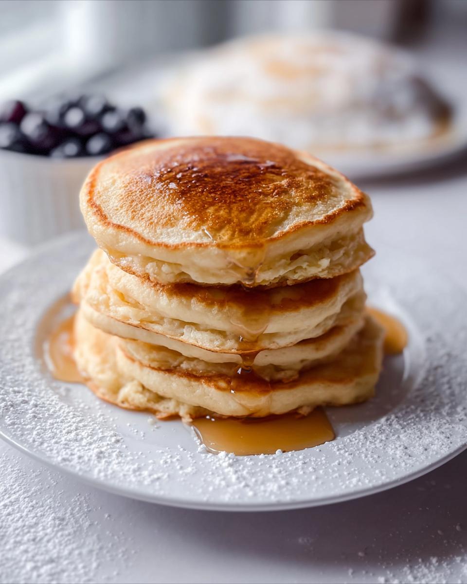 A tall stack of four fluffy McDonald's Pancake Recipe copycat pancakes drizzled with syrup and powdered sugar.