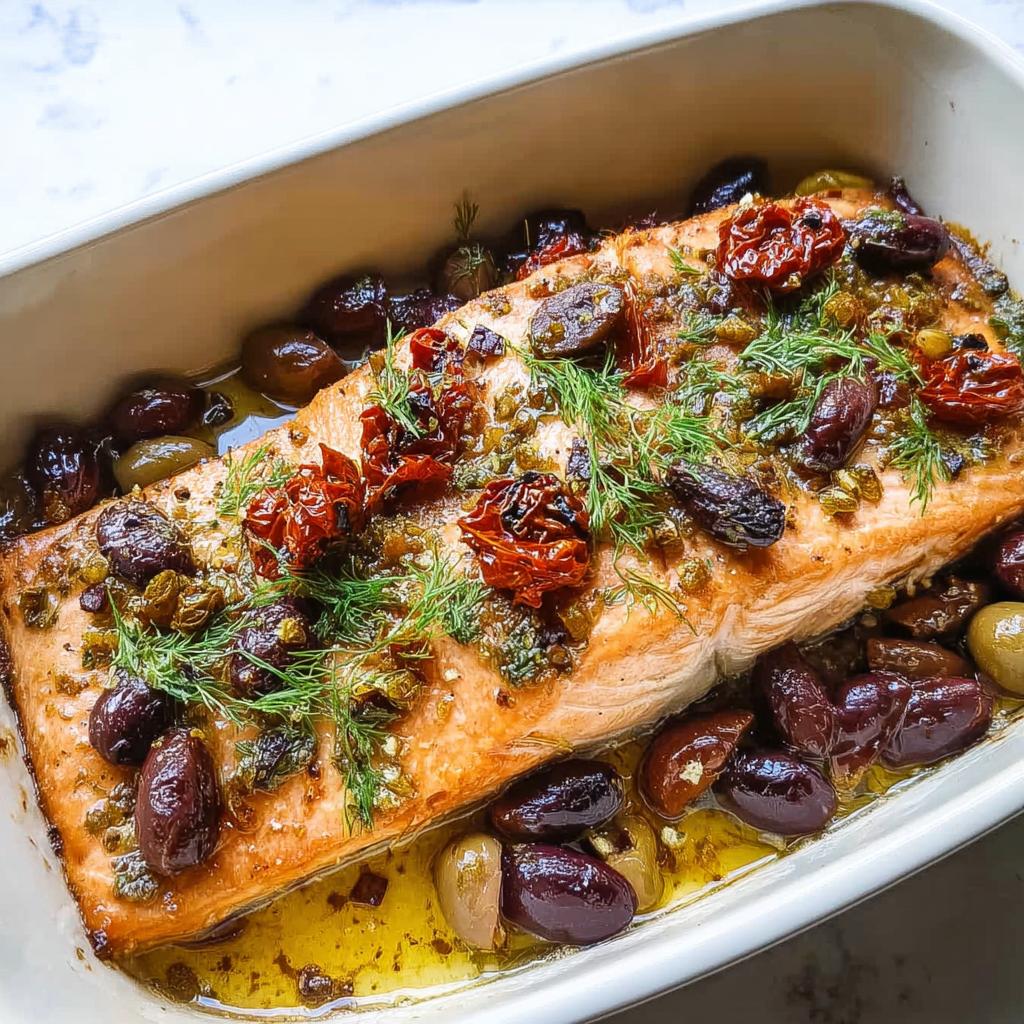A baked fillet of Mediterranean Baked Salmon with Tomatoes and Olives, garnished with fresh dill.