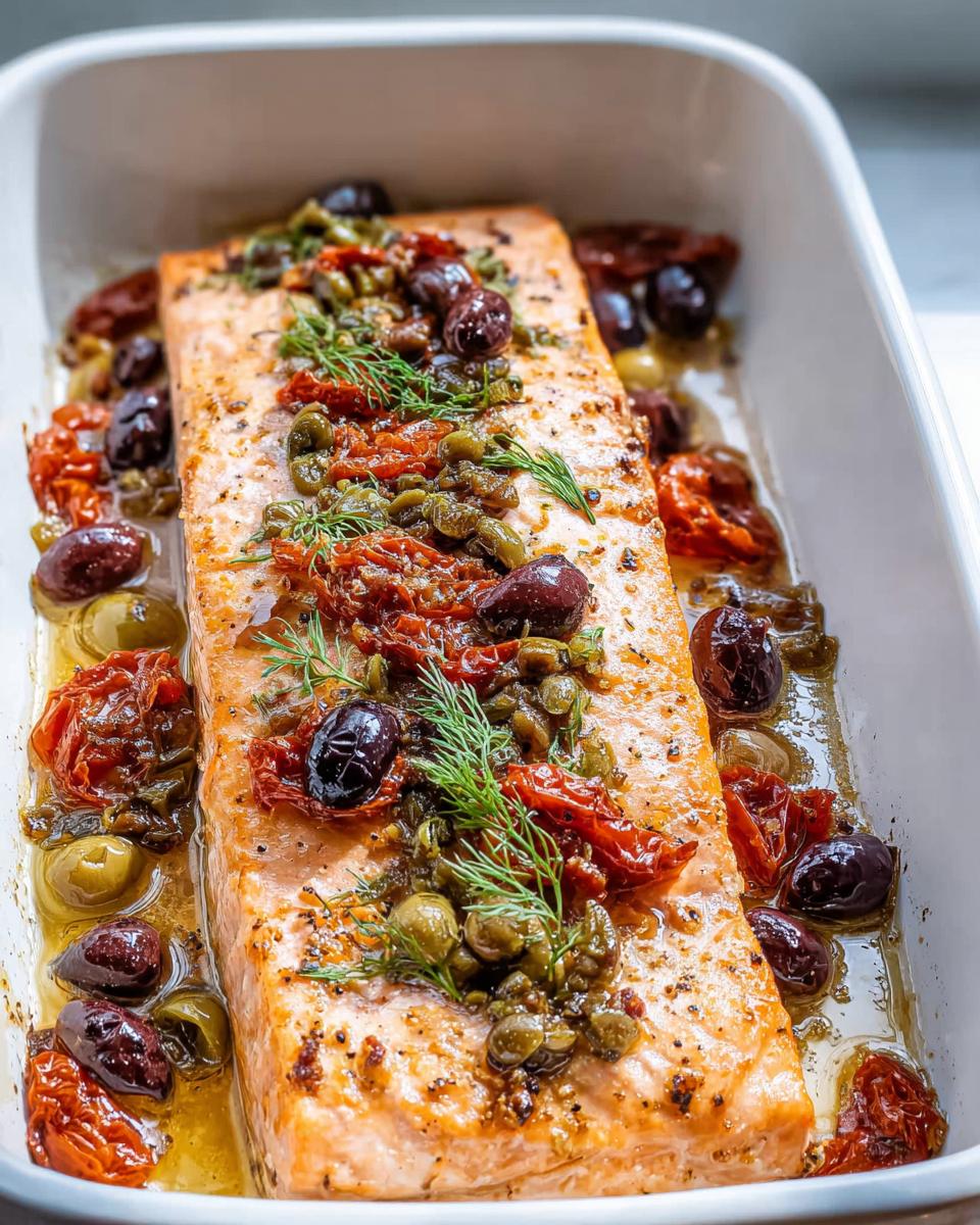 Close-up of Mediterranean Baked Salmon with Tomatoes and Olives in a white baking dish.