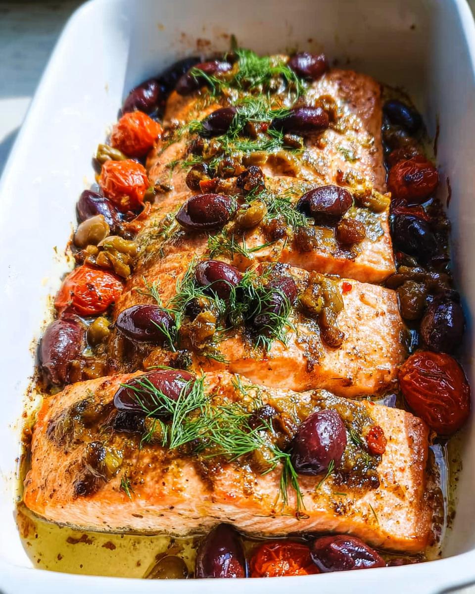 Four fillets of Mediterranean Baked Salmon with Tomatoes and Olives, topped with Kalamata olives and fresh dill.