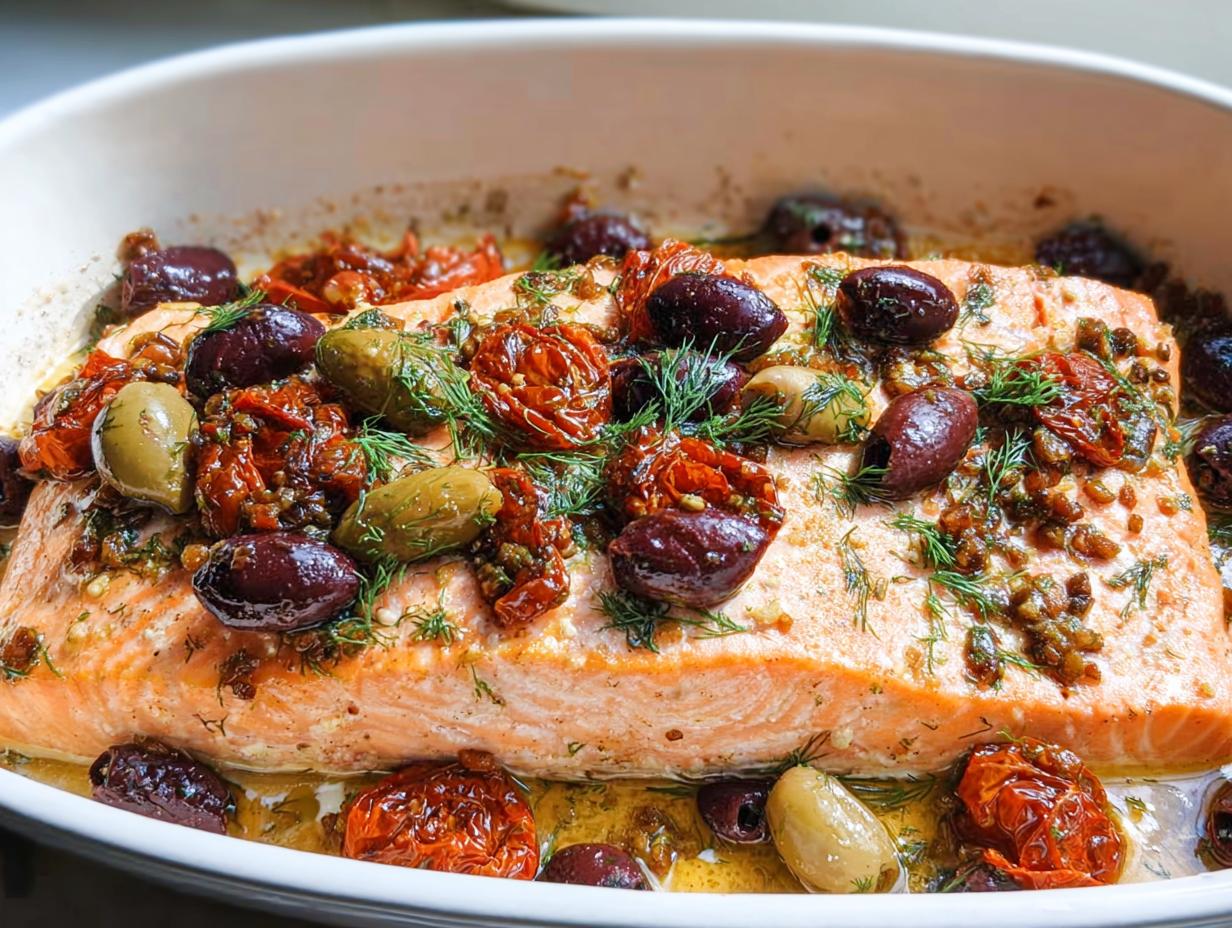 A baked salmon fillet topped with Kalamata olives, green olives, sun-dried tomatoes, and fresh dill, ready to serve.