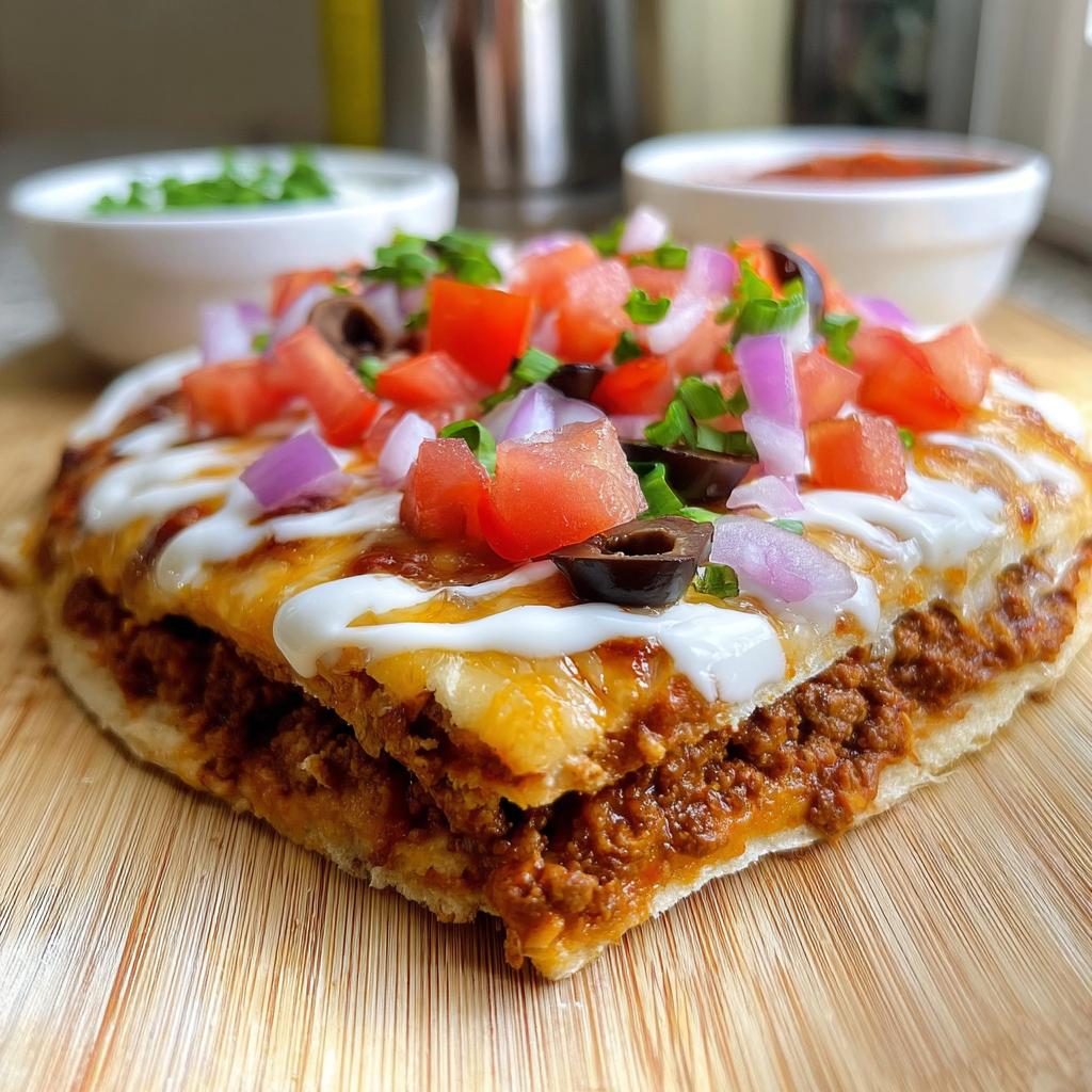 A thick slice of homemade Mexican Pizza showing layers of seasoned beef, melted cheese, sour cream drizzle, tomatoes, onions, and olives.