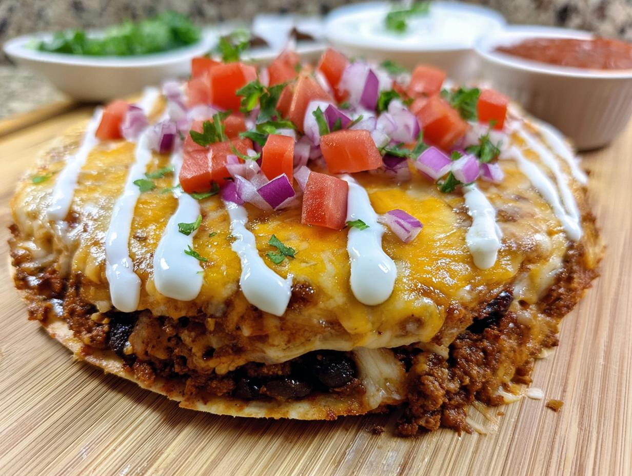A freshly made Mexican Pizza copycat recipe topped with melted cheese, sour cream drizzle, diced tomatoes, and red onions.