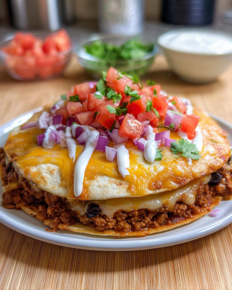 A delicious homemade Mexican Pizza topped with melted cheese, sour cream, diced tomatoes, and red onion.
