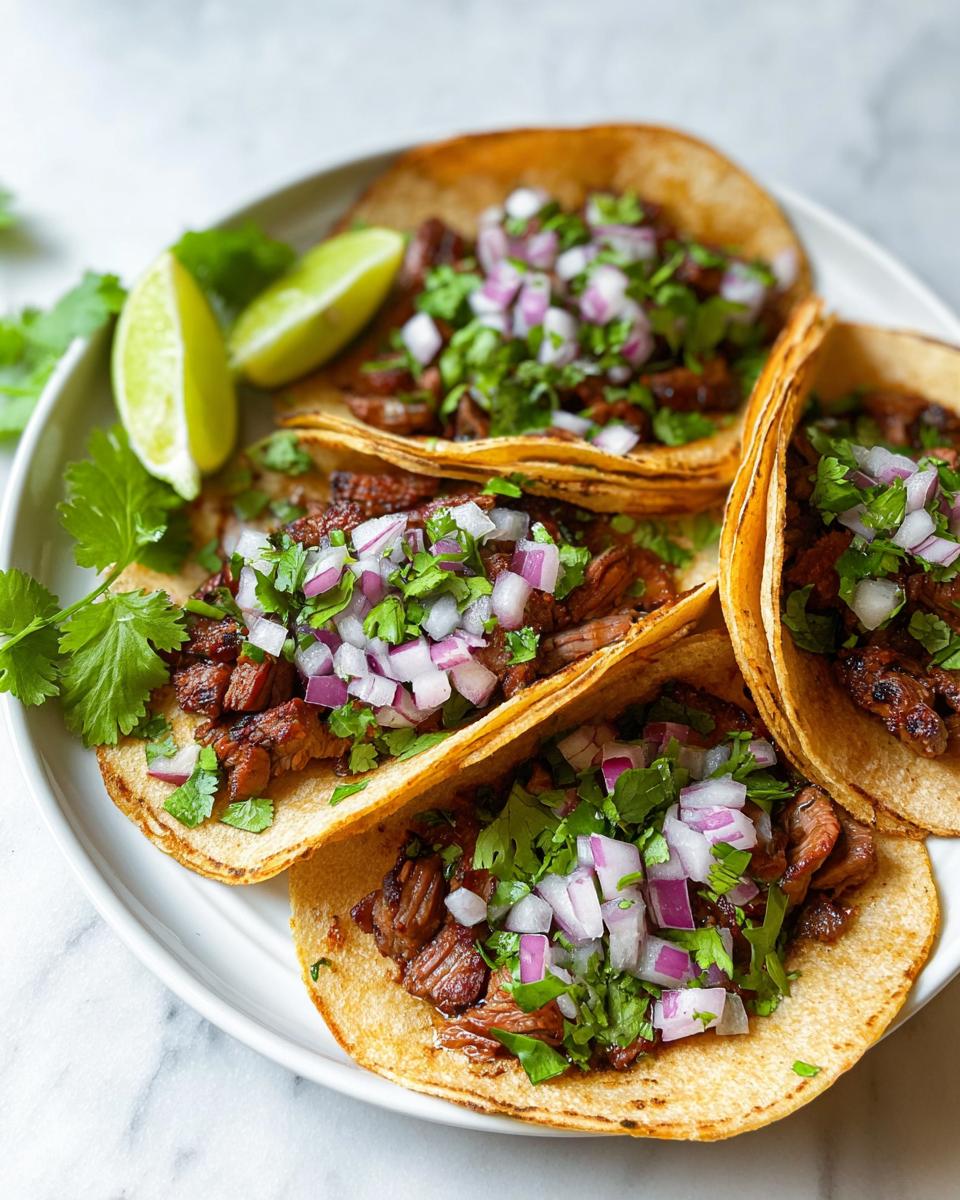 A plate of three delicious Mexican Street Tacos filled with seasoned meat, topped with diced red onion and cilantro.