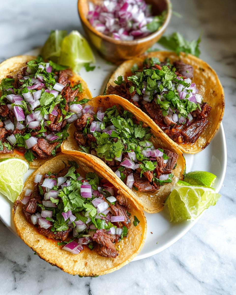 Four assembled Mexican Street Tacos filled with rich meat and topped with diced red onion and cilantro.