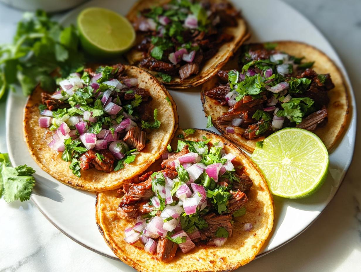 Four assembled Mexican Street Tacos topped with savory meat, diced red onion, and cilantro, served with lime wedges.