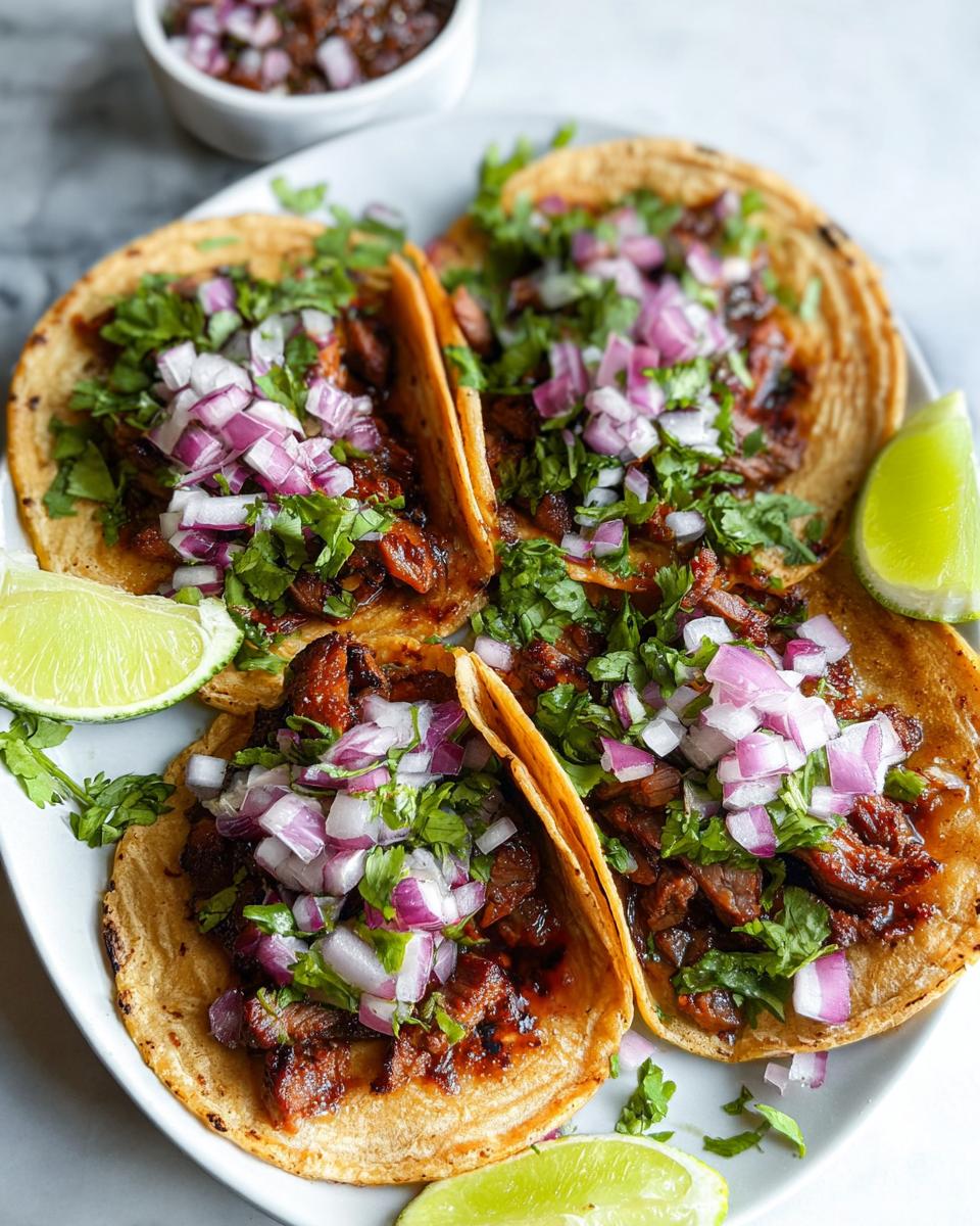 Four assembled Mexican Street Tacos filled with dark meat, topped generously with diced red onion and fresh cilantro, served with lime wedges.