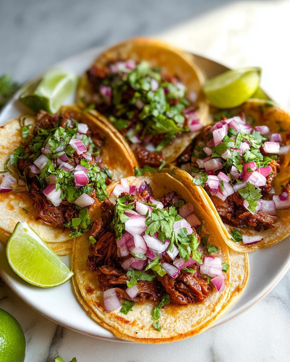 Close-up of four Mexican Street Tacos filled with shredded meat, topped with diced red onion and cilantro, served with lime wedges.