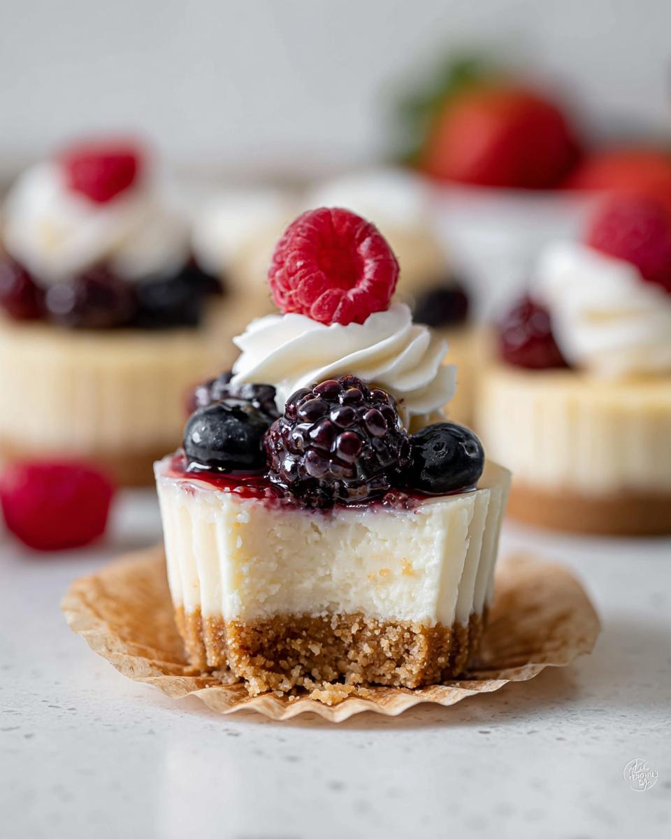 Close-up of a Mini Cheesecake Bite with Berry Topping, featuring a bite taken out of the graham cracker crust.