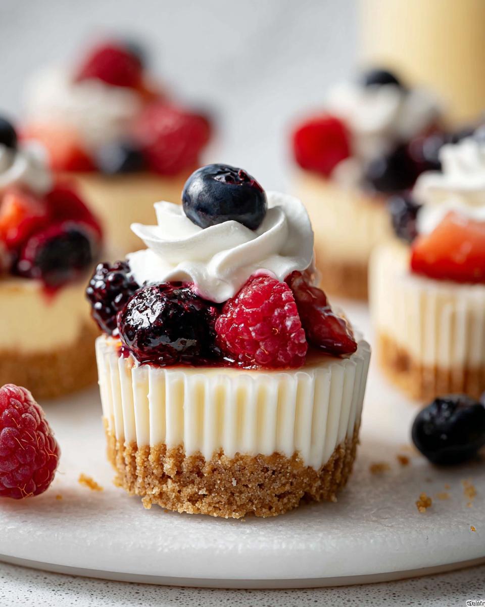 A close-up of one of the Mini Cheesecake Bites with Berry Topping, topped with whipped cream, a blueberry, and mixed berries.