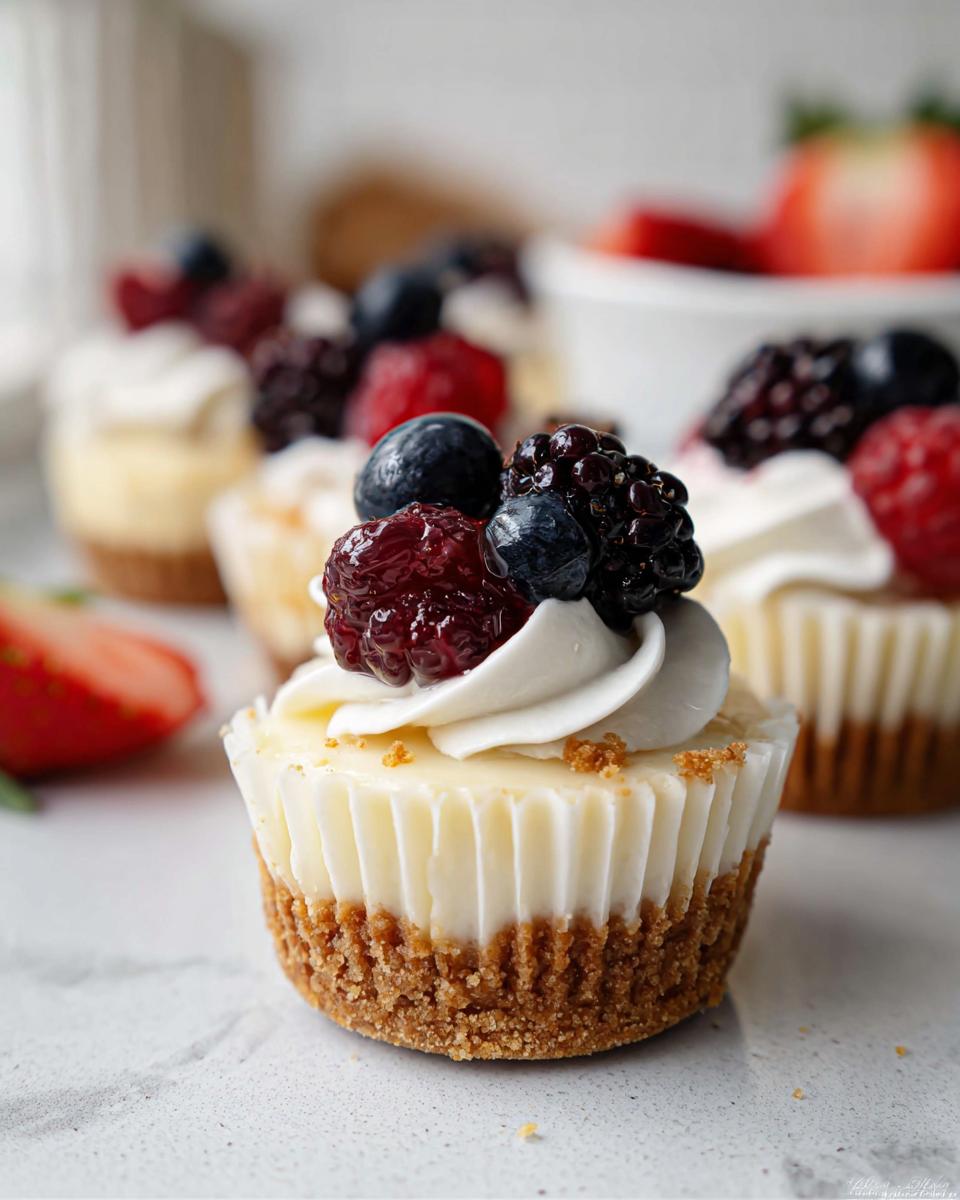A close-up of one of the Mini Cheesecake Bites with Berry Topping, featuring a graham cracker crust and fresh mixed berries.
