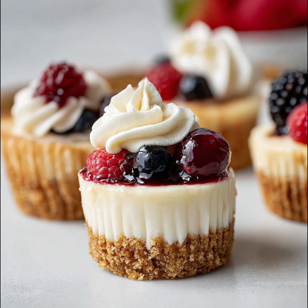 A close-up of one of the Mini Cheesecake Bites with Berry Topping, featuring a graham cracker crust and cream topping.