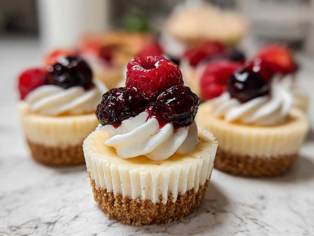Close-up of a Mini Cheesecake Bite topped with whipped cream and fresh berries, including a raspberry and blackberries.