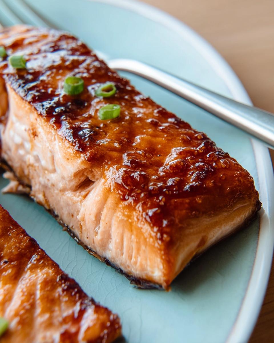 Close-up of a perfectly cooked Miso Glazed Broiled Salmon fillet topped with sliced green onions.