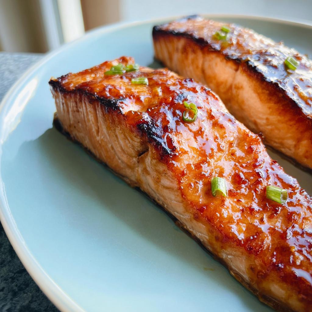 Two perfectly cooked fillets of Miso Glazed Broiled Salmon with a shiny glaze, garnished with chopped green onions.