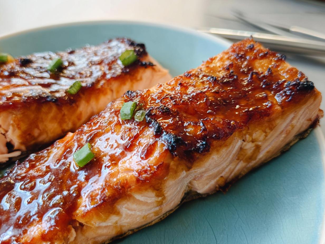 Close-up of two perfectly cooked Miso Glazed Broiled Salmon fillets topped with chopped green onions on a light blue plate.