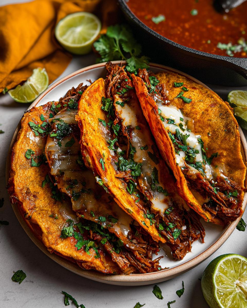 A plate holding four cheesy, red-dipped My Fave Birria Tacos topped with fresh cilantro, with consommé in the background.