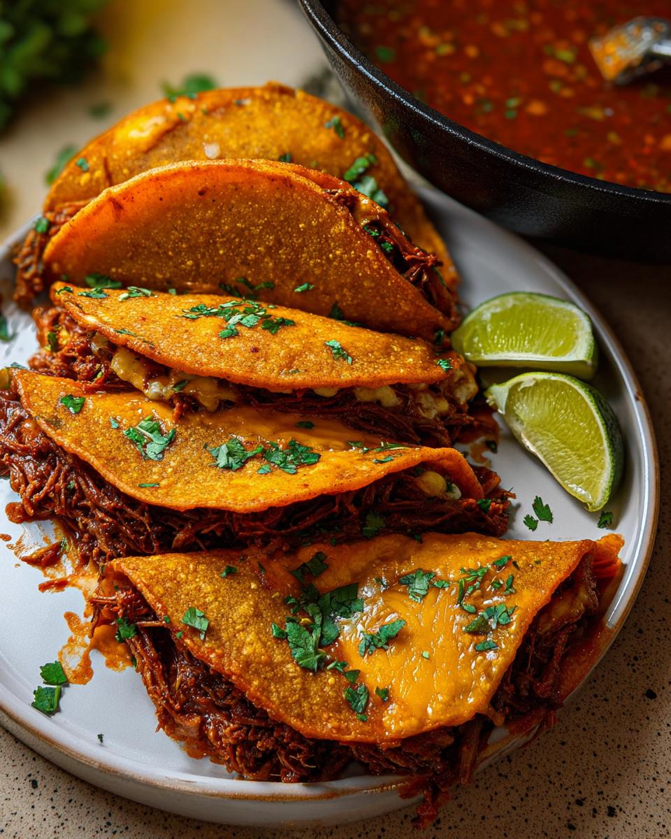 Four cheesy, crispy My Fave Birria Tacos garnished with cilantro, served with lime wedges and a side of consommé.